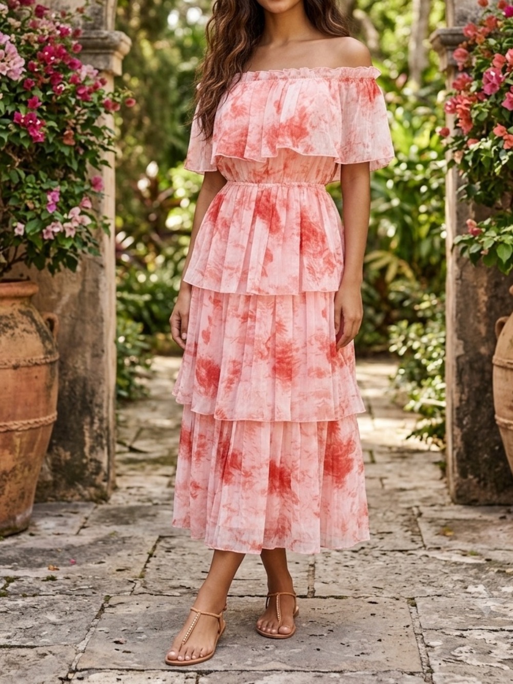 La Ven Tie-Dye Off Shoulder Tiered Midi Dress sz XS
